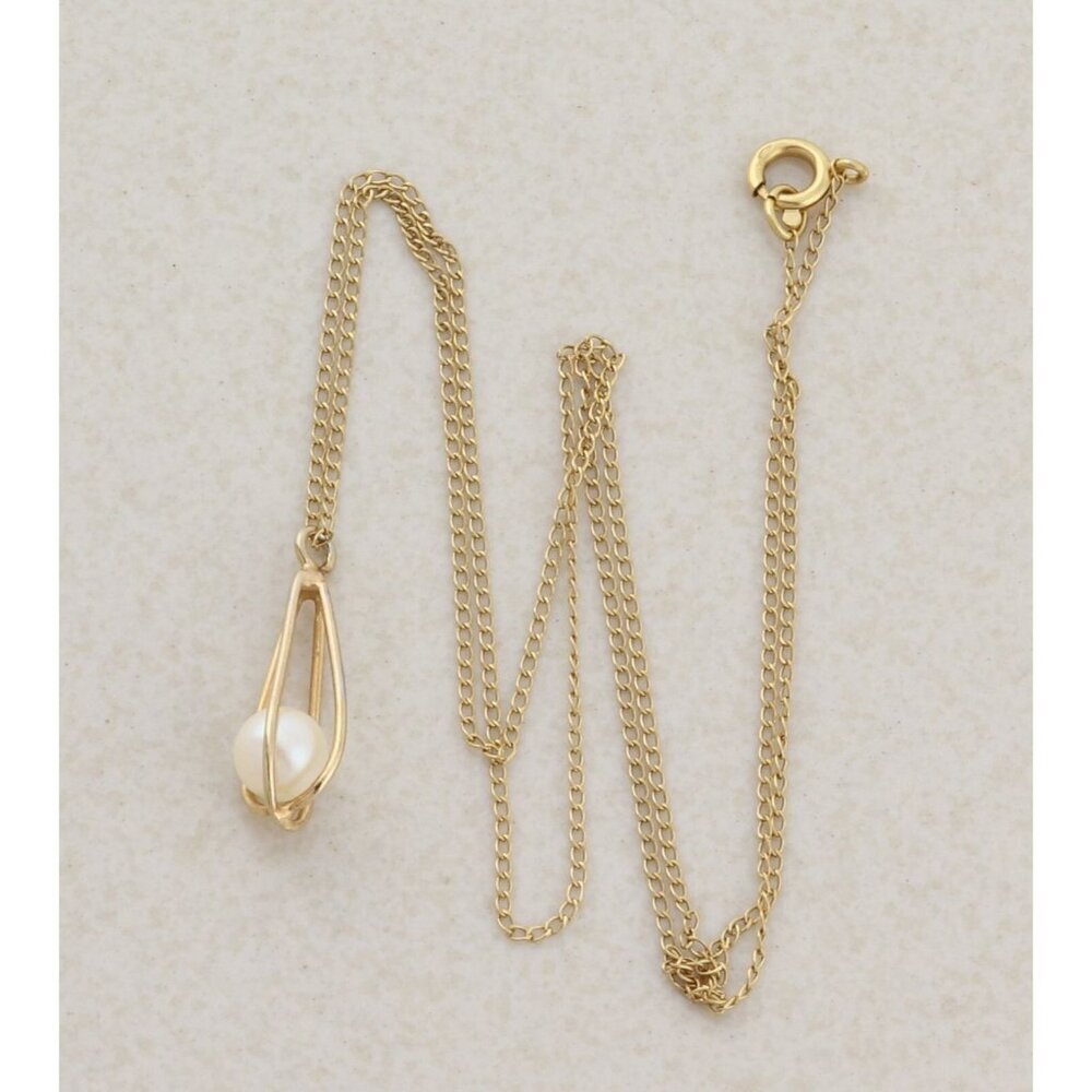 14k Yellow Gold Freshwater Pearl Necklace 15" Chain Petite Woman Teen Child - Picture 1 of 8